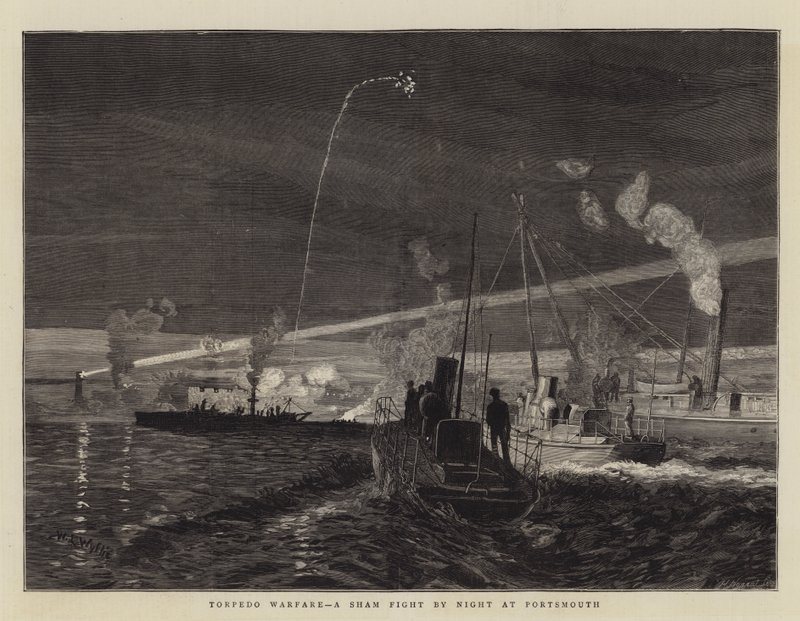 Torpedo Warfare, álharc éjjel Portsmouthban alkotó: William Lionel Wyllie