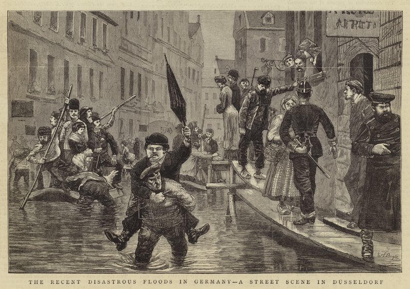 A közelmúlt katasztrofális árvizei Németországban, utcai jelenet Düsseldorfban alkotó: William Lockhart Bogle