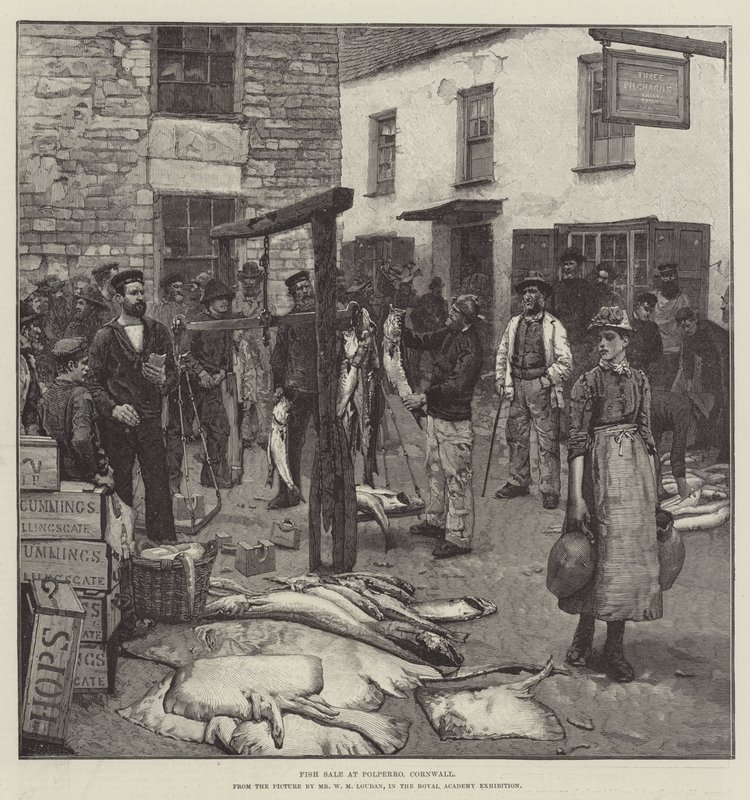 Halárusítás Polperroban, Cornwallban alkotó: William Mouat Loudan