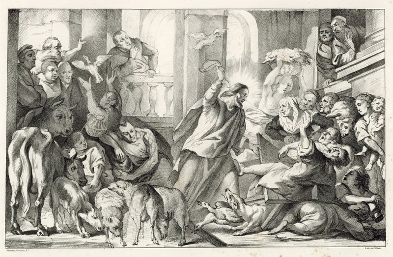 Jézus kiűzte a pénzkölcsönzőket a templomból alkotó: William Oliver