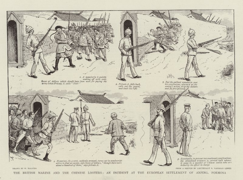 A brit tengerészgyalogosok és a kínai fosztogatók, incidens Anping európai telepén, Formosában alkotó: William Ralston