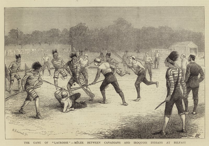 A Lacrosse játék, közelharc a kanadaiak és az irokéz indiánok között Belfastban alkotó: William Ralston