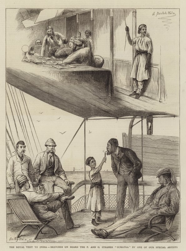 A királyi látogatás Indiában, vázlatok a P and O Steamer Sumatra fedélzetén alkotó: William Ralston