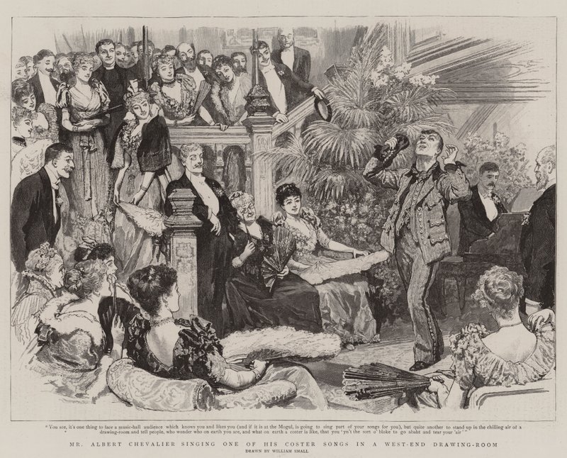 Albert Chevalier úr énekli egyik Coster-dalát egy West-End szalonban. alkotó: William Small