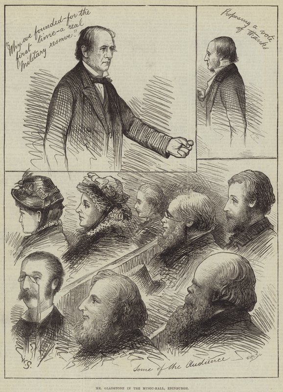 Mr Gladstone a Music-Hallban, Edinburghban alkotó: William Small