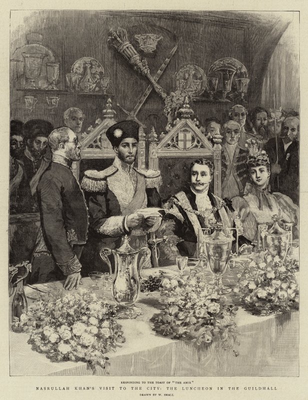 Nasrullah Khan városlátogatás, ebéd a céhteremben alkotó: William Small