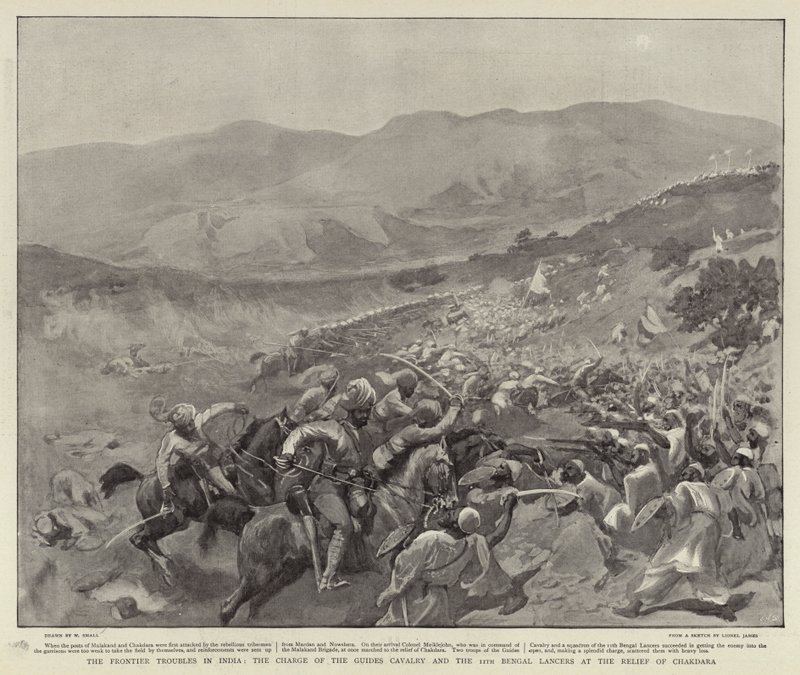 A határ menti zavargások Indiában, a vezetők lovasságának és a 11. bengáli lándzsásoknak a támadása Csakdara felmentésénél, 1897. augusztus 1897. alkotó: William Small