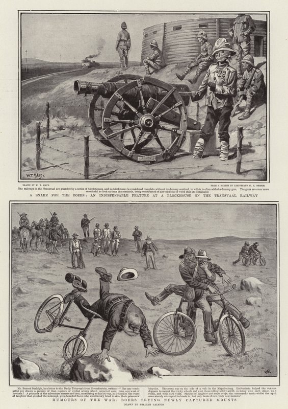Pergő a búroknak, nélkülözhetetlen elem a transzváli vasút egyik blokkházában, Humors of the War, búrok az újonnan elfoglalt hegyeken alkotó: William T. Maud