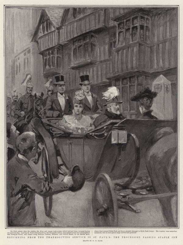 A Szent Pál-i hálaadási istentiszteletről visszatérve a menet a Staple Inn mellett alkotó: William T. Maud