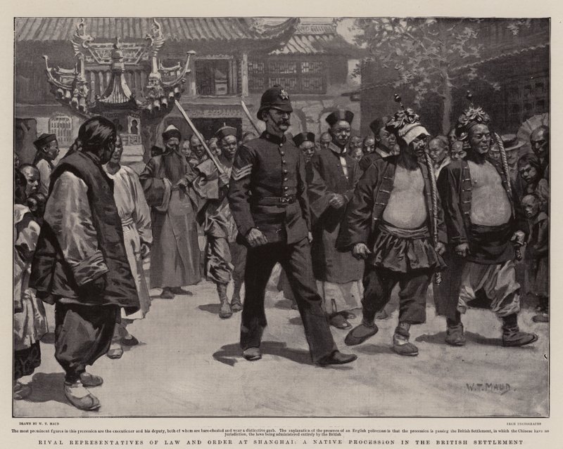A törvény és a rend rivális képviselői Sanghajban, bennszülött körmenet a brit telepen alkotó: William T. Maud