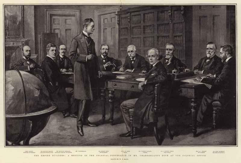 Az Empire Builders, a gyarmati konferencia találkozója Mr Chamberlain szobájában a gyarmati irodában alkotó: William T. Maud