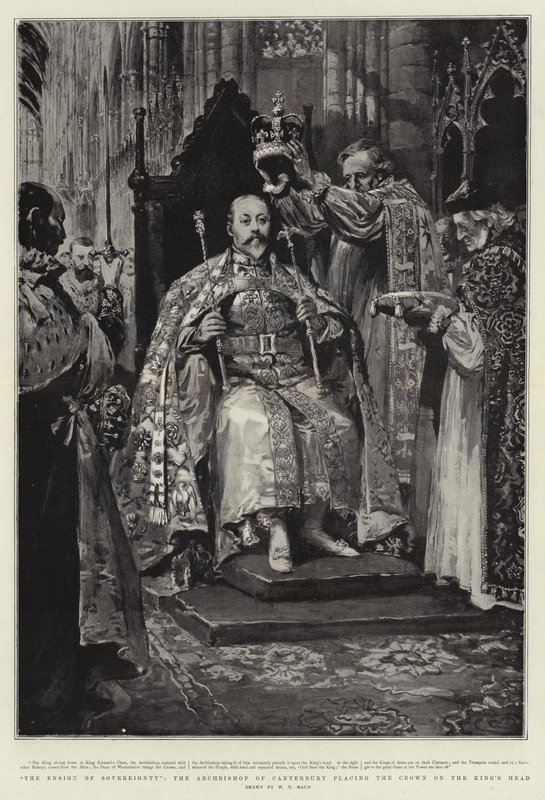 A szuverenitás zászlósa, a canterburyi érsek a koronát a király fejére helyezi alkotó: William T. Maud