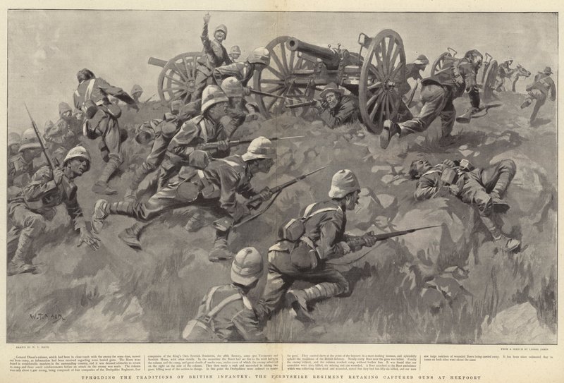Fenntartva a brit gyalogság hagyományait, a derbyshire-i ezred visszafoglalja az elfogott fegyvereket Hekpoortban alkotó: William T. Maud