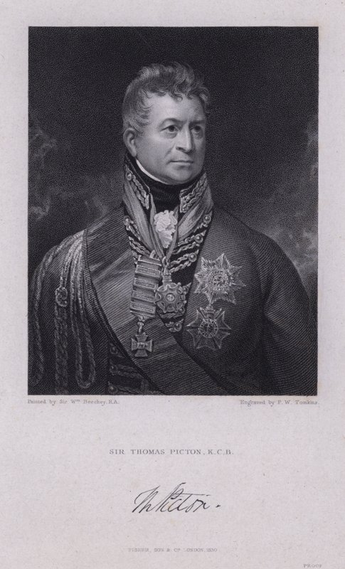 Sir Thomas Picton, a napóleoni háborúk walesi tábornoka elesett a waterlooi csatában (metszet) alkotó: William (after) Beechey