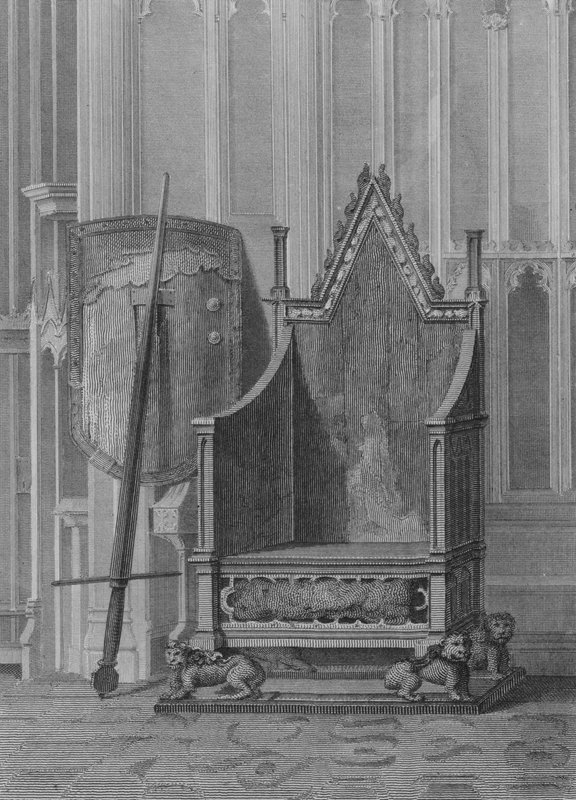 Az angol uralkodók koronázási széke, Harmadik Edward állampajzsával és kardjával, Westminster Abbey (metszet) alkotó: William (after) Capon