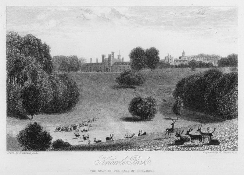 Knowle Park, Plymouth grófjának székhelye (metszet) alkotó: William (after) Daniell