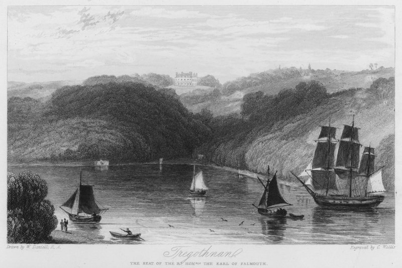 Tregothnan, Falmouth grófjának székhelye (metszet) alkotó: William (after) Daniell