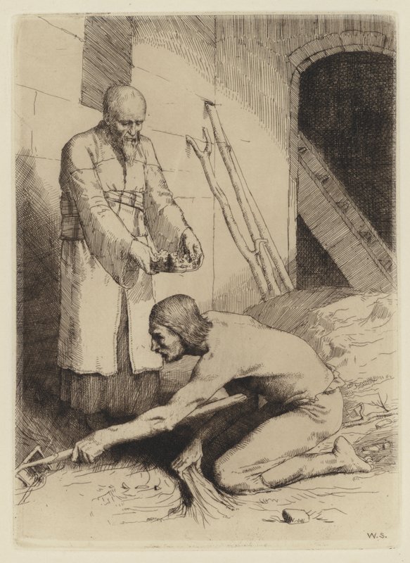 Bunyan zarándokának előrehaladása: Az ember a muckrake-vel (rézkarc) alkotó: William (after) Strang