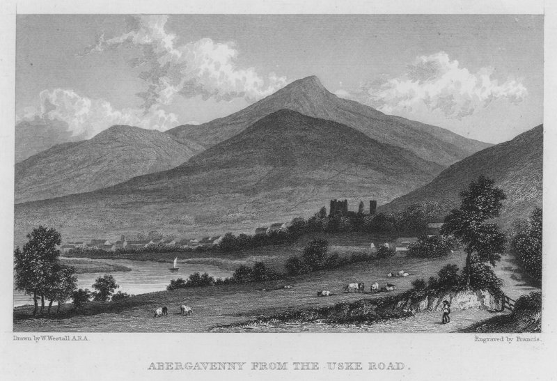 Abergavenny az Uske útról (metszet) alkotó: William (after) Westall