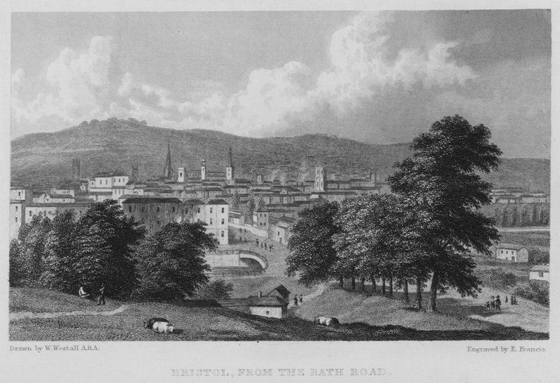 Bristol, a Bath Roadról (metszet) alkotó: William (after) Westall