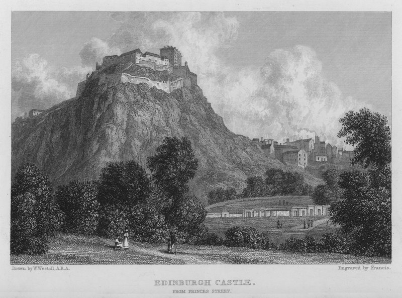 Edinburgh-i kastély, a Princes Street felől (metszet) alkotó: William (after) Westall