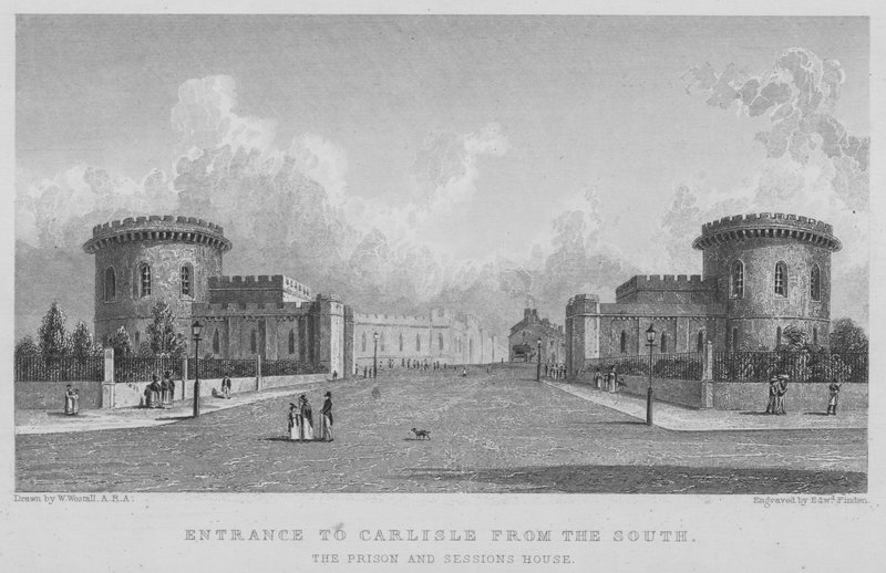 Carlisle bejárata dél felől, a börtön és a Sessions House (metszet) alkotó: William (after) Westall