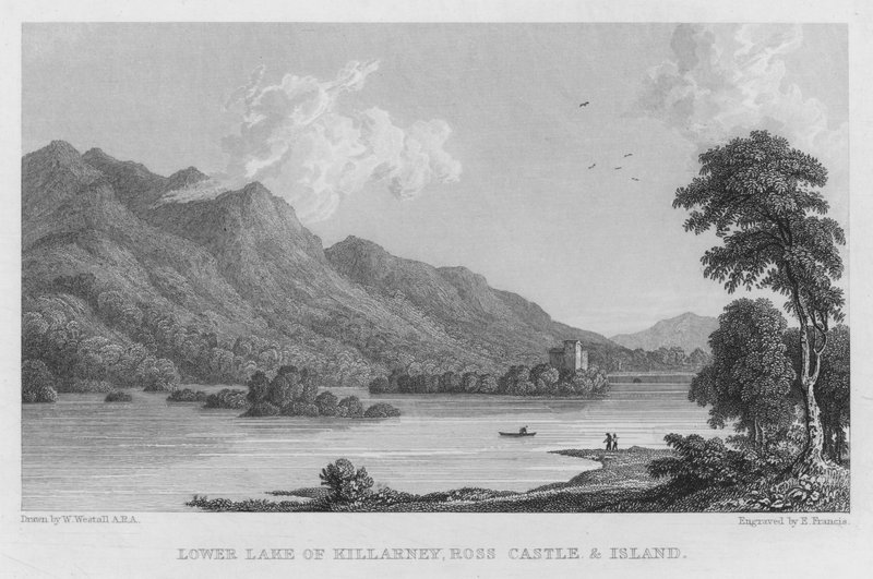 Killarney alsó tó, Ross kastély és sziget (metszet) alkotó: William (after) Westall