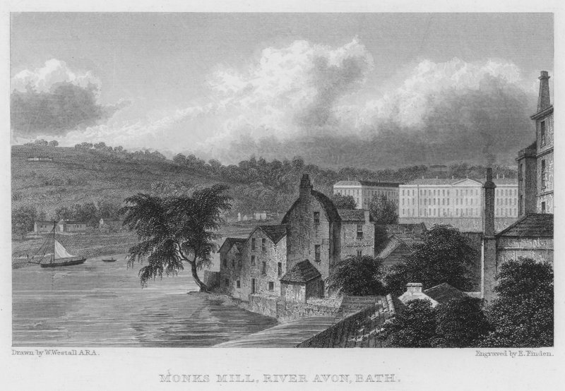 Monks Mill, River Avon, Bath (metszet) alkotó: William (after) Westall