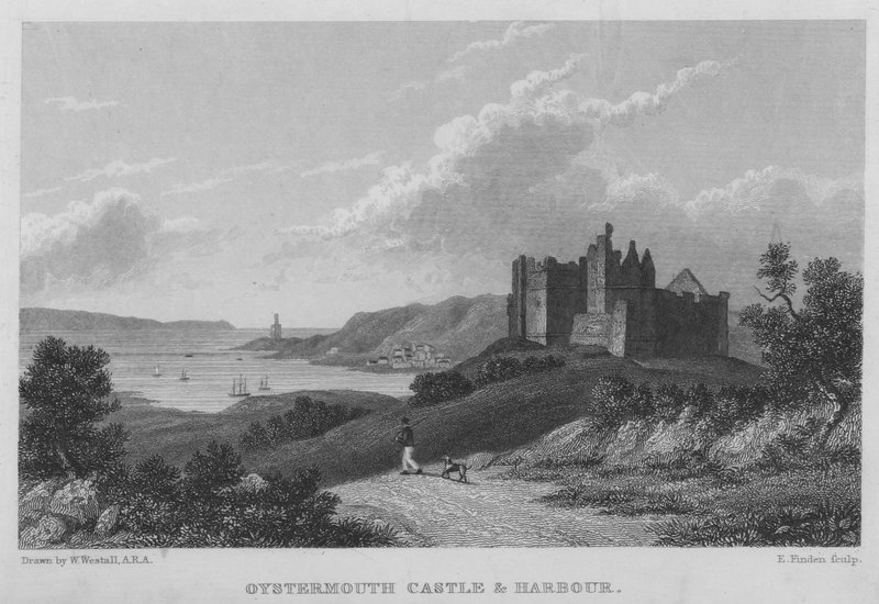 Oystermouth vára és kikötője (metszet) alkotó: William (after) Westall