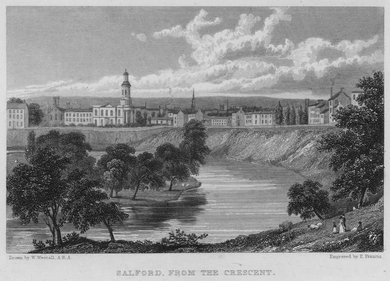 Salford, a félholdról (metszet) alkotó: William (after) Westall