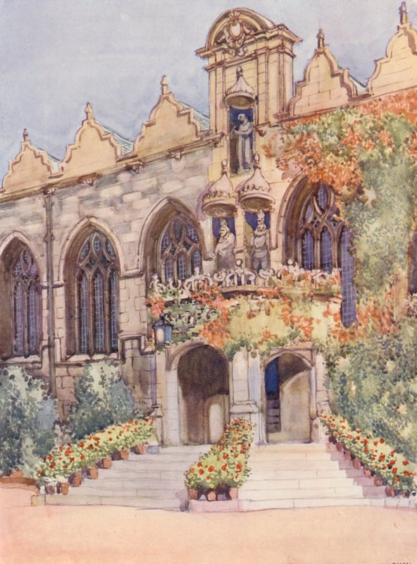 Az Oriel College Hall bejárata, a Szűzanya és a Gyermek, II. Edward, a kollégium névleges alapítója és I. Károly, akinek uralkodása alatt a csarnok épült (színes litográfia). alkotó: William Ainsworth Wildman