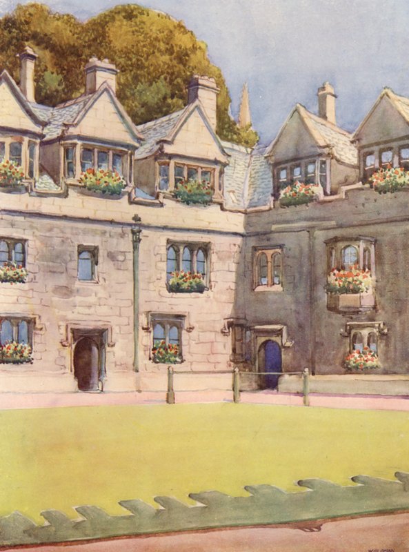 A Brasenose College elülső udvara, a háttérben a Heber-fa néven ismert híres lógesztenyefa (színes litográfia) alkotó: William Ainsworth Wildman