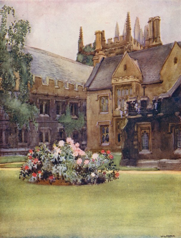Magdalen College, az elnöki páholy és az alapító tornya (színes litográfia) alkotó: William Ainsworth Wildman