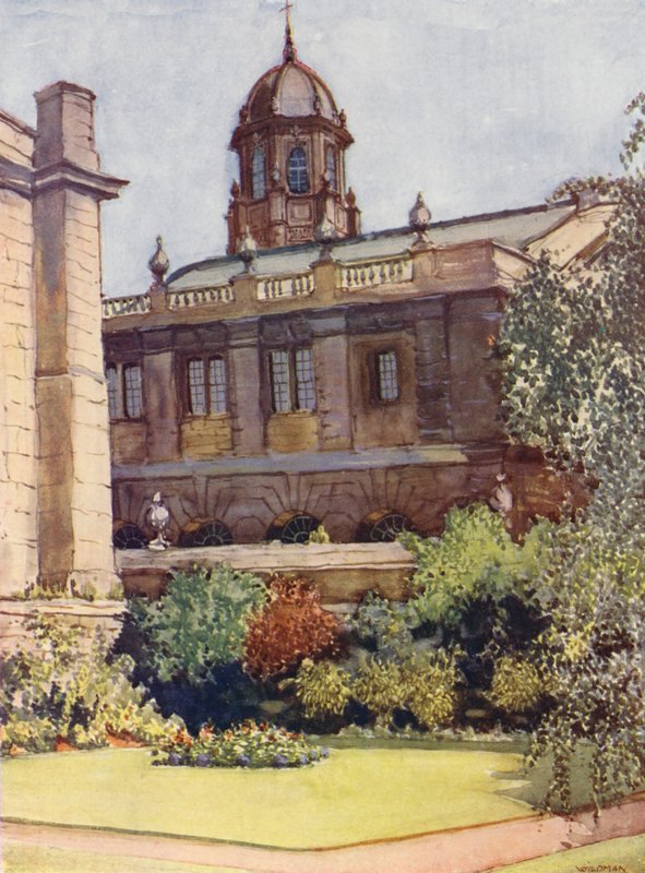 Sheldonian Színház és Bodleian Könyvtár a rektor kertjéből, Exeter College (színes lithó) alkotó: William Ainsworth Wildman
