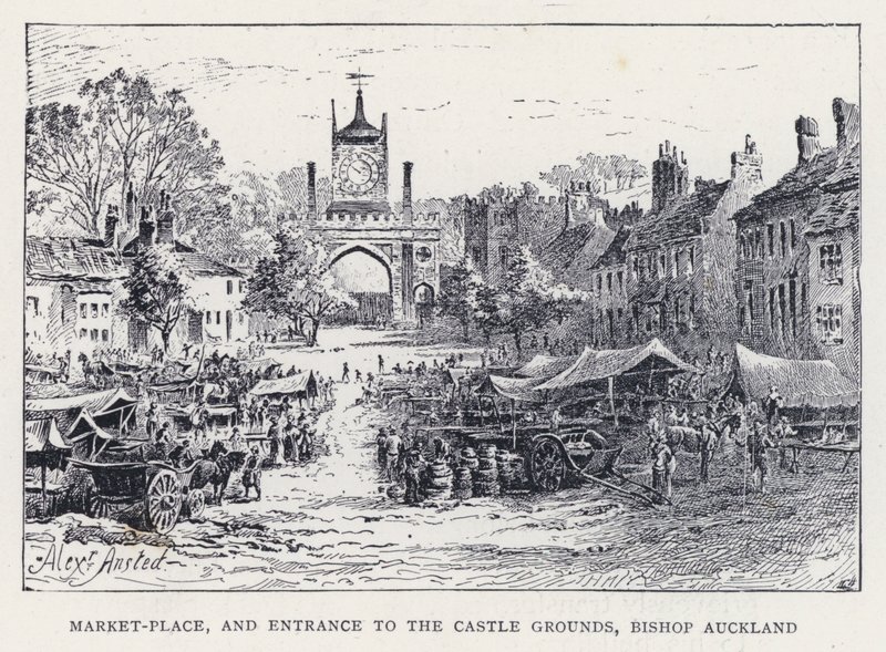 Piactér és a kastély bejárata, Bishop Auckland (metszet) alkotó: William Alexander Ansted