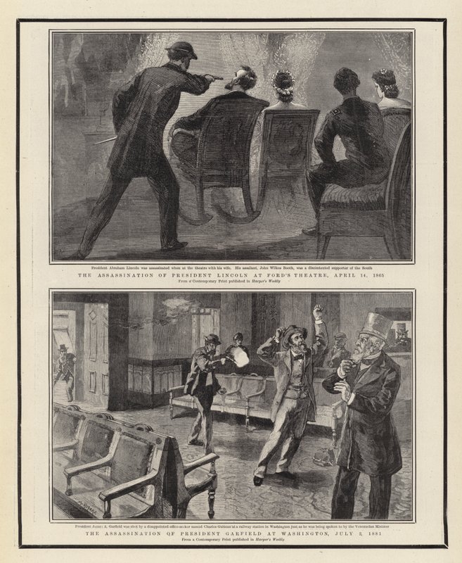 Lincoln elnök meggyilkolása a Ford Színházban, 1865. április 14., Garfield elnök meggyilkolása Washingtonban, 1881. július 2. alkotó: William Allen Rogers