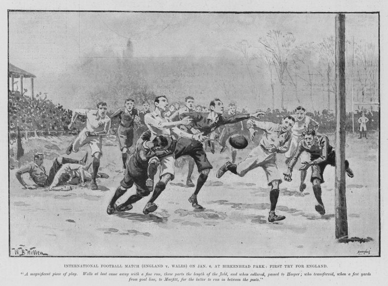 Nemzetközi labdarúgó-mérkőzés (Anglia–Wales) január 6-án, a Birkenhead Parkban, First Try for England (litho) alkotó: William Barnes (after) Wollen