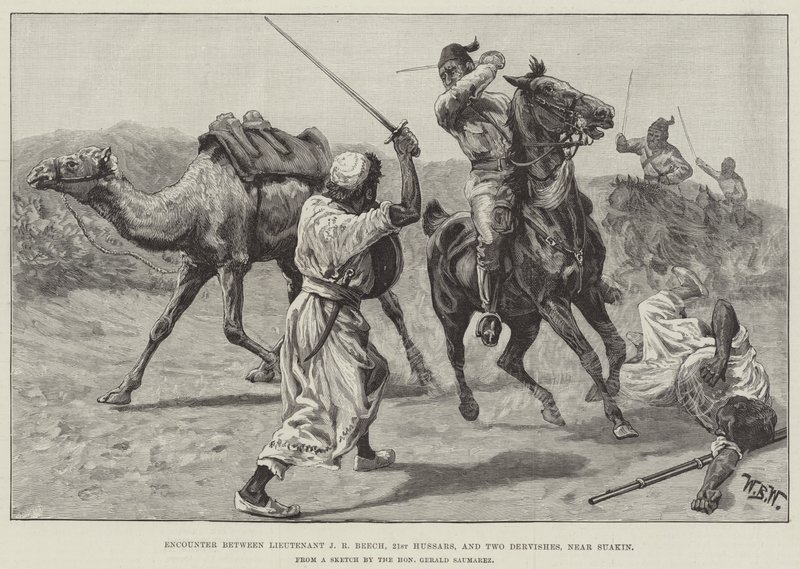 Találkozás J R Beech hadnagy, 21. huszárezred, és két dervis között, Suakin közelében alkotó: William Barnes Wollen