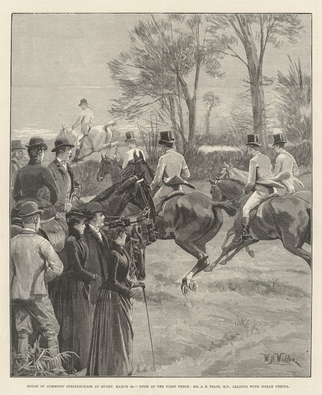 Az alsóházi akadályfutás Rugbyben, március 29., Rush az első kerítésnél, A. E. Pease képviselő úr vezet Norah Creina-val. alkotó: William Barnes Wollen