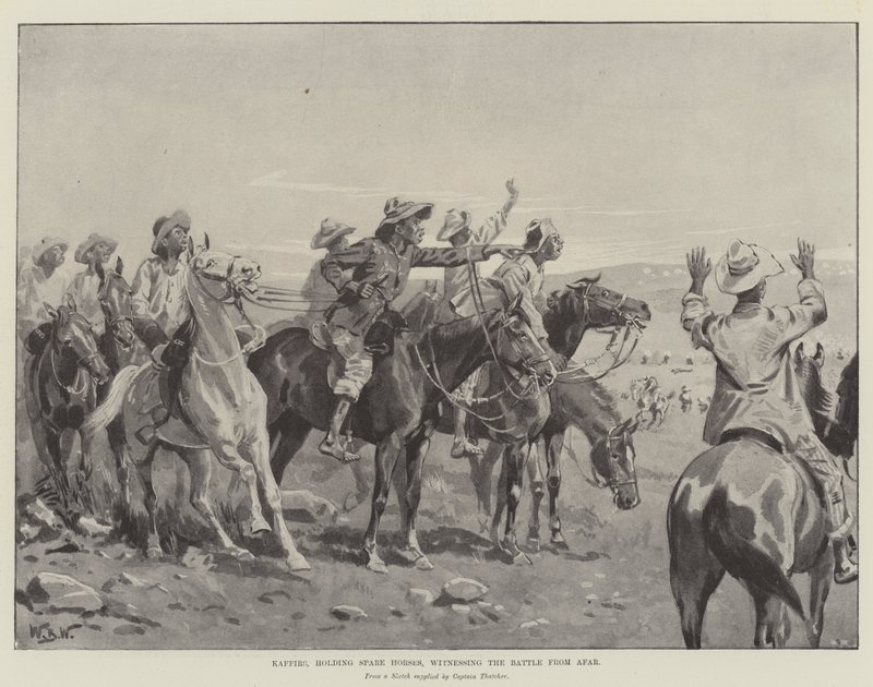 Kaffirs, kezében tartalék lovakkal, messziről szemtanúi a csatának alkotó: William Barnes Wollen