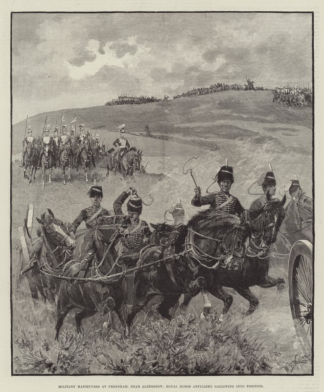 Katonai manőverek Frenshamban, Aldershot közelében, a Royal Horse Tüzérség vágtat a pozícióba alkotó: William Barnes Wollen