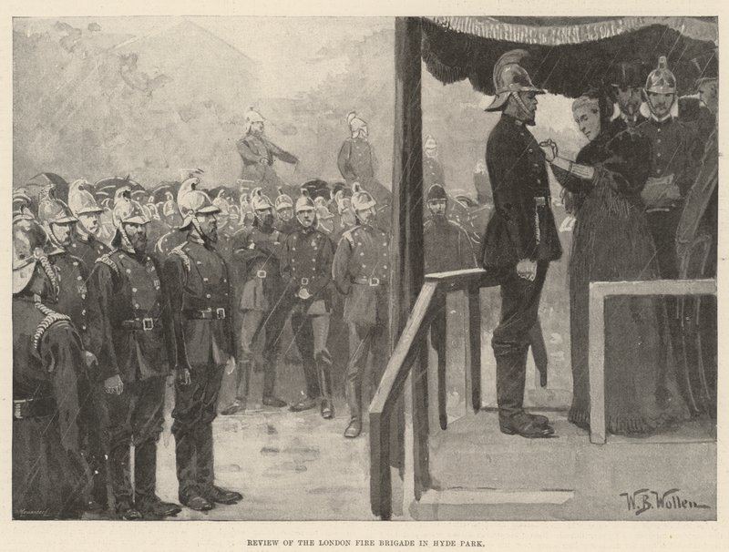 A londoni tűzoltóság áttekintése a Hyde Parkban alkotó: William Barnes Wollen