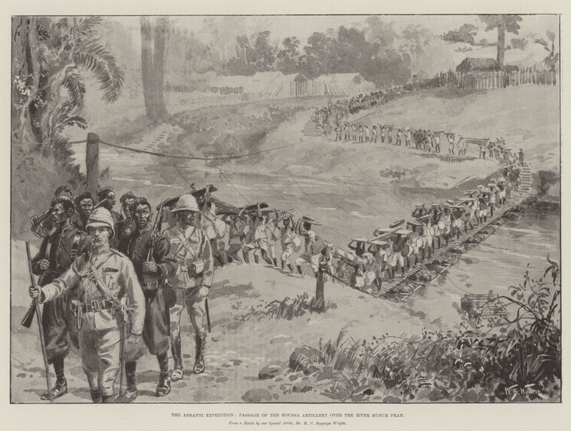 Az Ashanti-expedíció, a Houssa-tüzérség átkelése a Busum Prah folyón alkotó: William Barnes Wollen