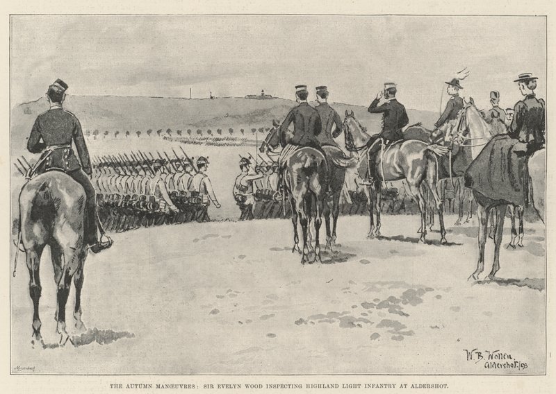 Az őszi manőverek, Sir Evelyn Wood a Highland könnyűgyalogságot ellenőrzi Aldershotban alkotó: William Barnes Wollen