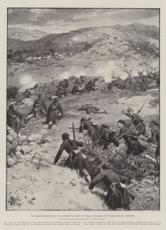A görög-török háború, a Mont St Elias ütközete Nazarosnál, a macedón határon alkotó: William Barnes Wollen