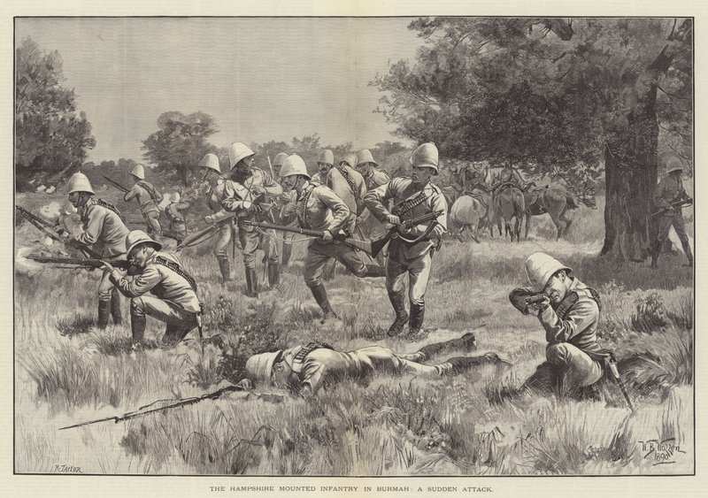 A Hampshire-i lovas gyalogság Burmában, egy hirtelen támadás alkotó: William Barnes Wollen
