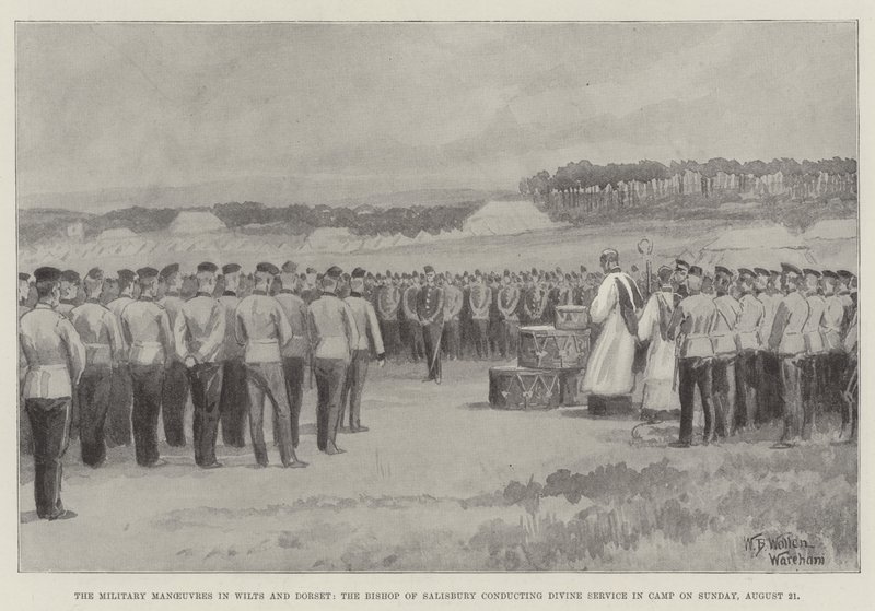 Katonai manőverek Wilts és Dorsetben, Salisbury püspöke augusztus 21-én, vasárnap istentiszteletet tart a táborban. alkotó: William Barnes Wollen