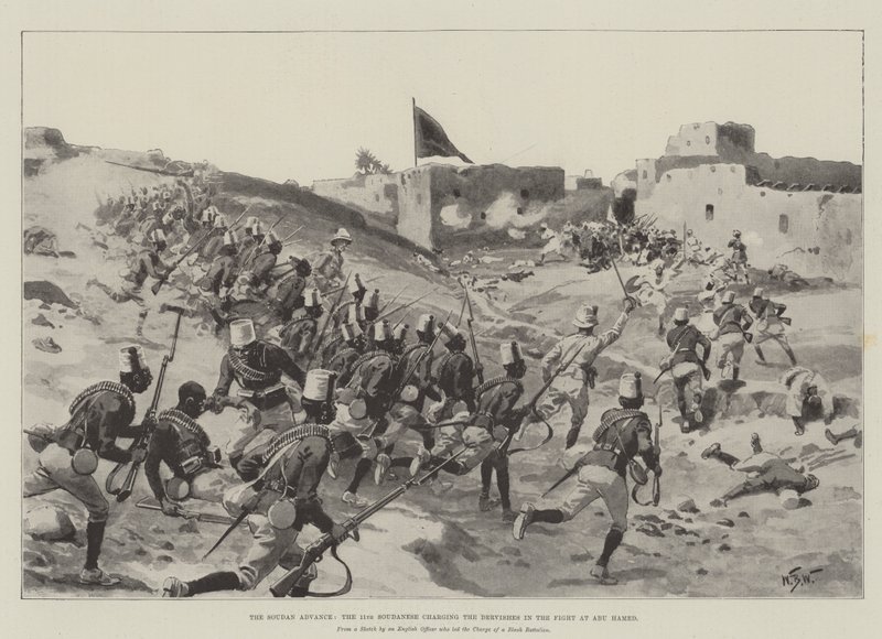 A Soudan Advance, a 11. soudanese, aki megtámadja a derviseket az Abu Hamedi harcban alkotó: William Barnes Wollen