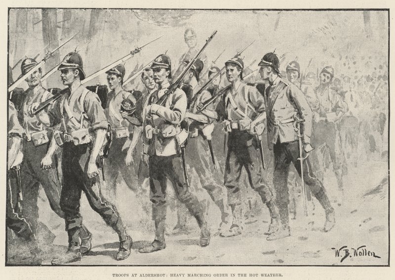 Csapatok Aldershotban, Heavy Marching Order a meleg időben alkotó: William Barnes Wollen