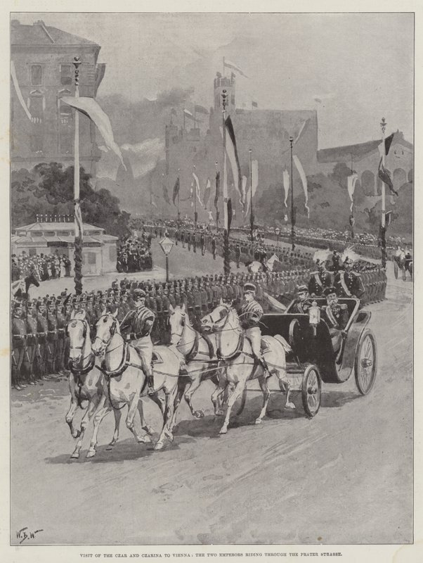 A cár és a cárnő látogatása Bécsben, a két császár lovaglása a Prater Strassén alkotó: William Barnes Wollen